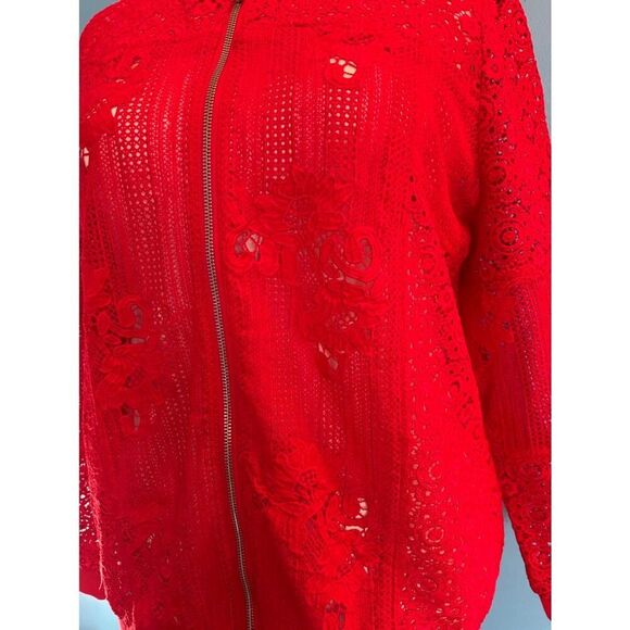So Pretty! Chico's RED Lace Jacket Unlined Metal Zipper Close Ribbed Knit Trim 3 - Picture 4 of 5